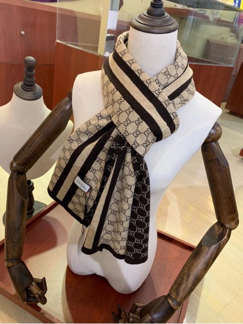 Gucci GG Monogram Stripe Knit Scarf Beige and Brown