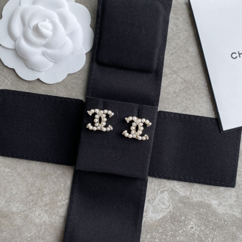 Chanel CC Pearl Earrings Elegant Studs Gold and White