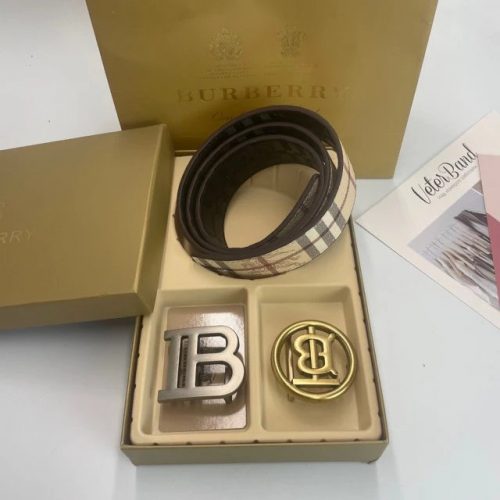 Burberry Check Print Reversible Belt Set Classic Leather Belt Beige