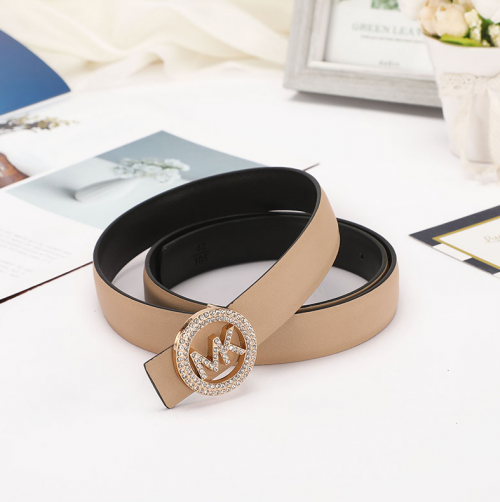 Michael Kors MK Crystal Circle Buckle Leather Belt Beige