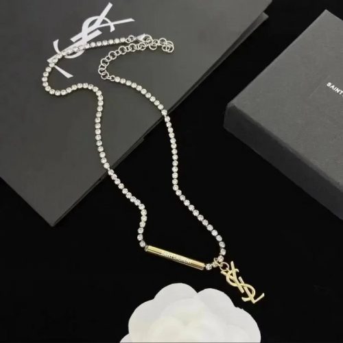 Saint Laurent YSL Crystal Monogram Necklace Elegant Gold and Silver