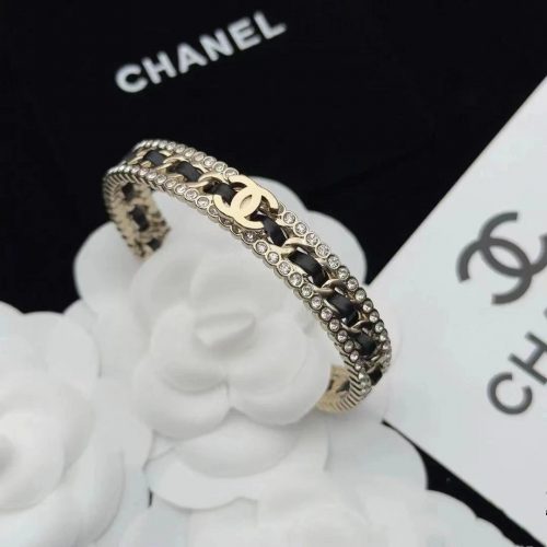 Chanel Chain Bracelet Crystal Embellished Cuff Gold and Black