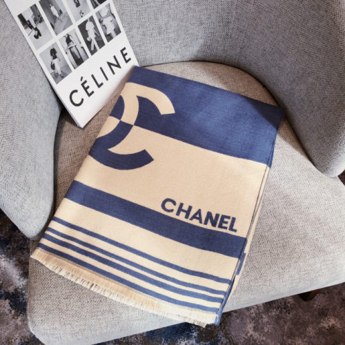 Chanel Striped Cashmere Scarf Navy and Beige