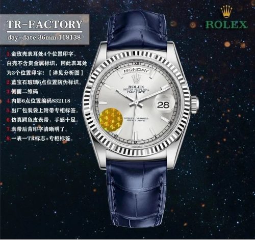 Rolex Day-Date 36mm 118138 Classic Leather Strap Watch White and Blue