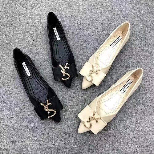 Saint Laurent YSL Bow Pointed Toe Flats Elegant Leather Shoes Black and Beige