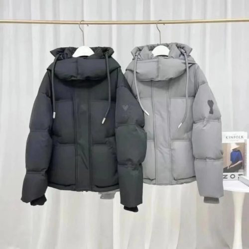 AMI Paris Ami de Coeur Puffer Jacket Casual Hooded Jacket Black and Gray