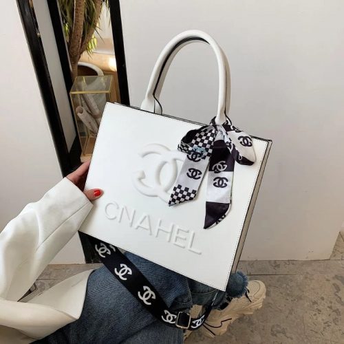 Chanel CNAHEL Embossed Tote Bag with Scarf White