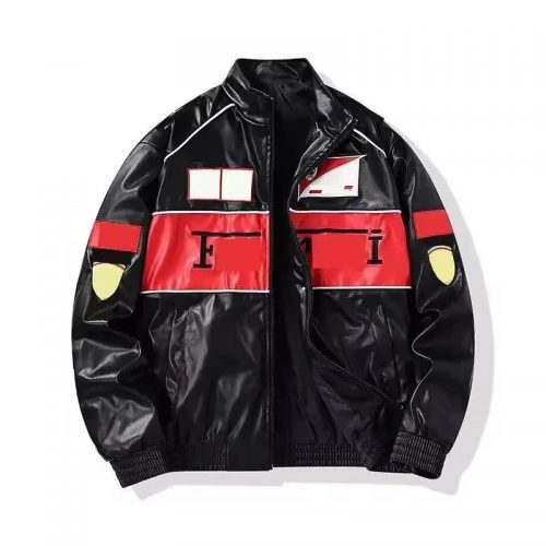 Ferrari Leather Racing Jacket Casual Black and Red