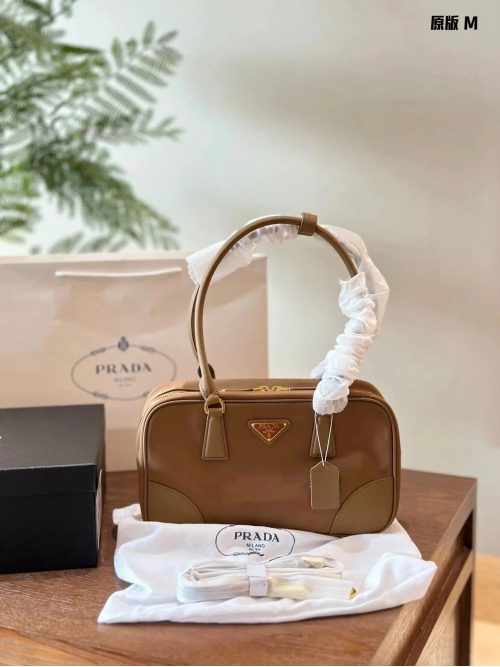 Prada Bowling Bag Elegant Leather Handbag Brown