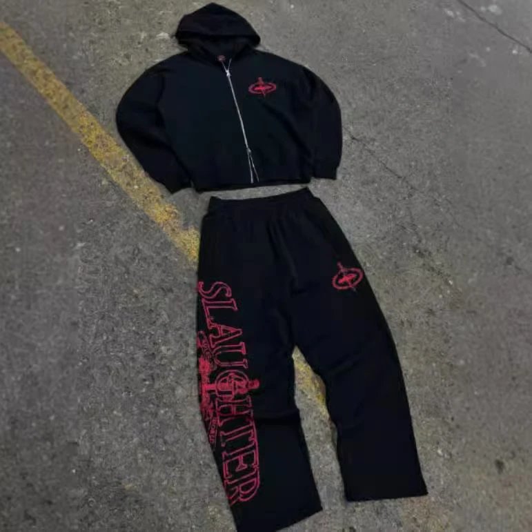 黑色拉链款套装（红）