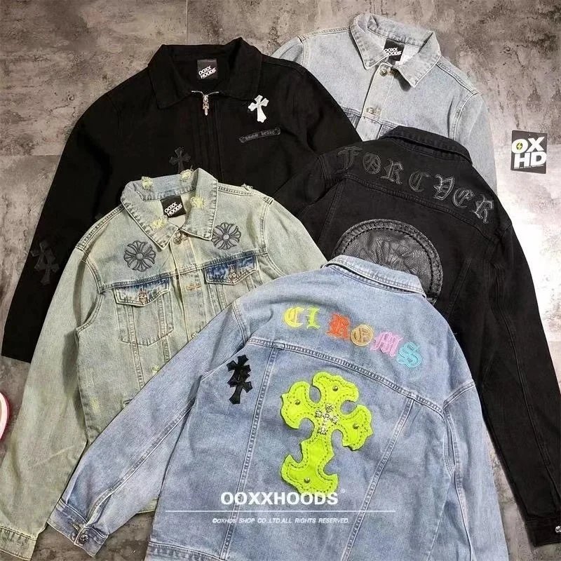 OOXXHOODS Denim Jacket with Cross Patch Casual Denim Jacket Blue and Black
